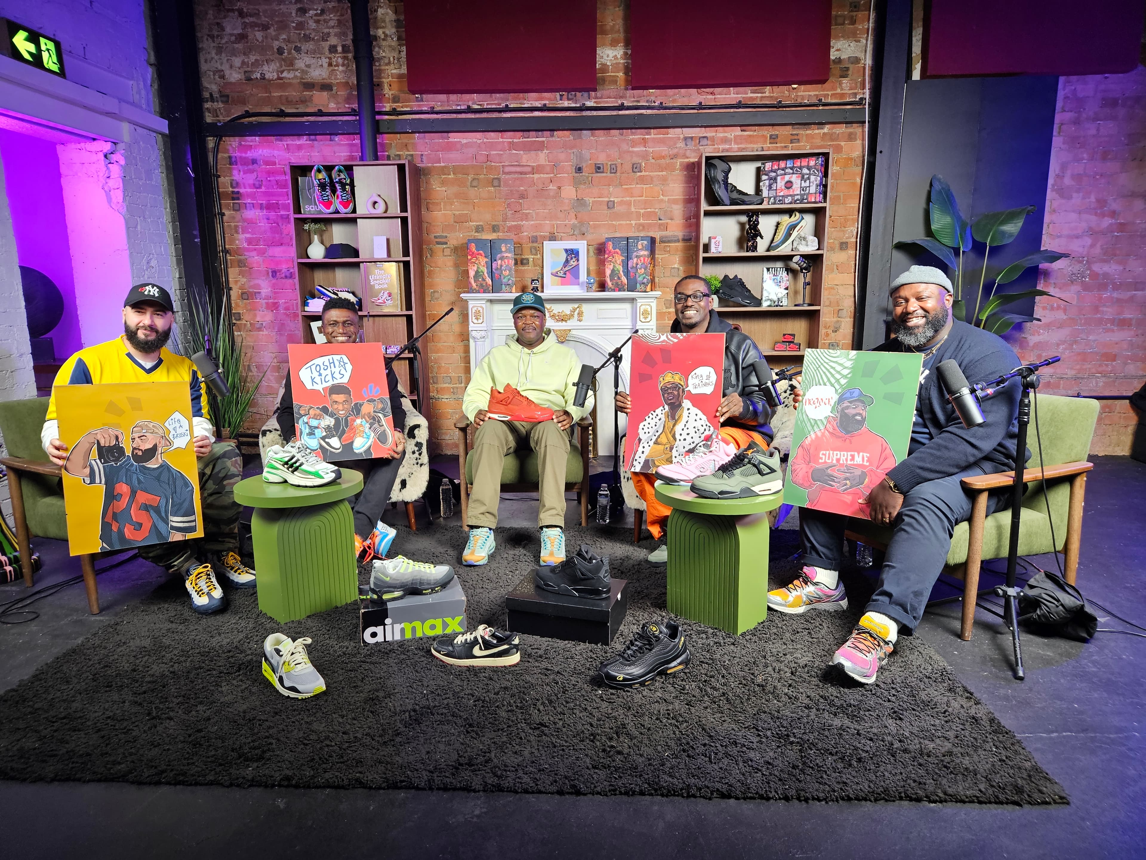All five UK Sneaker of the Year panellists holding illustrated portraits — filmed on set at PodEdit Studios